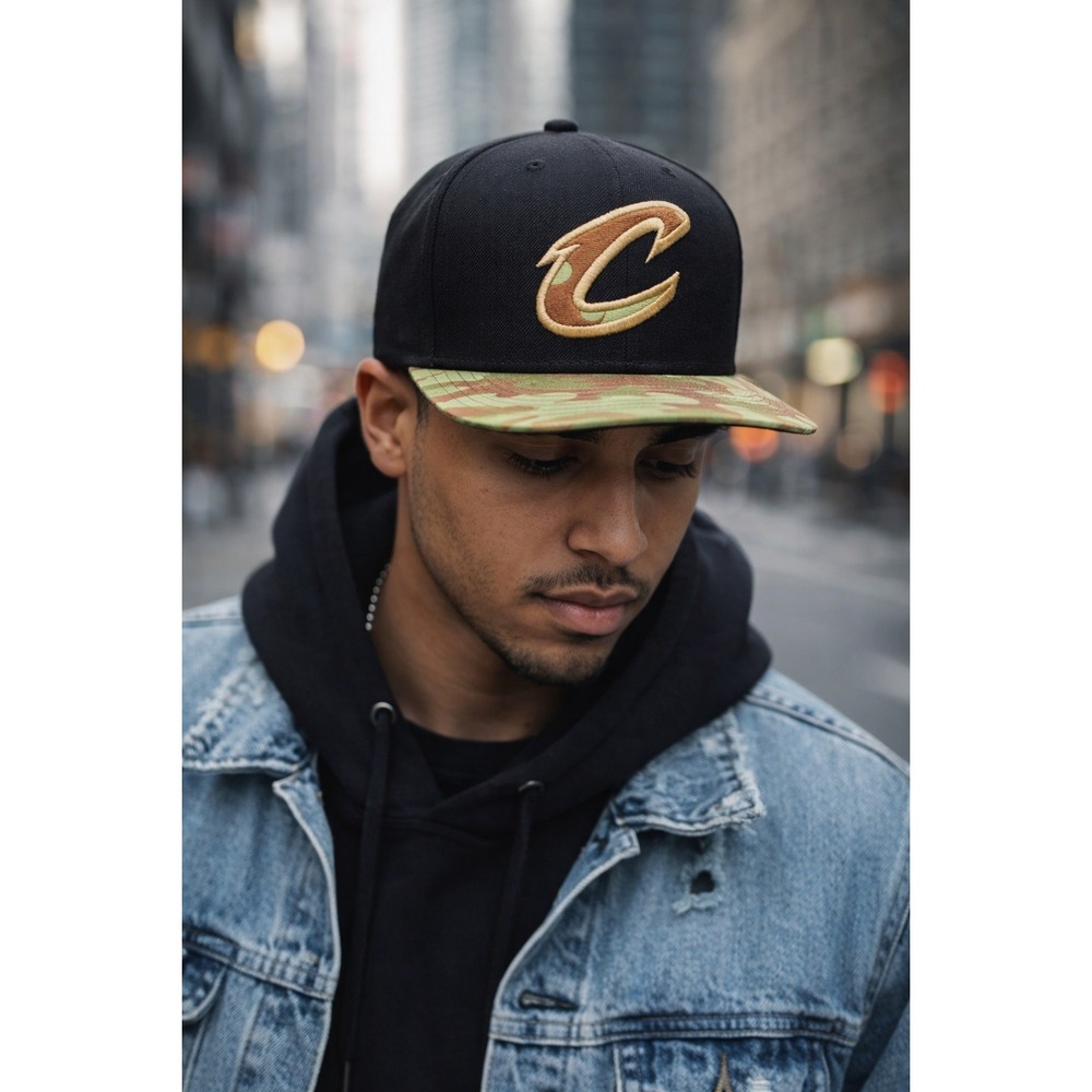 Cleveland Cavaliers Camo Snapback Hat Mitchell & Ness Black Green‎ OS NBA Cap